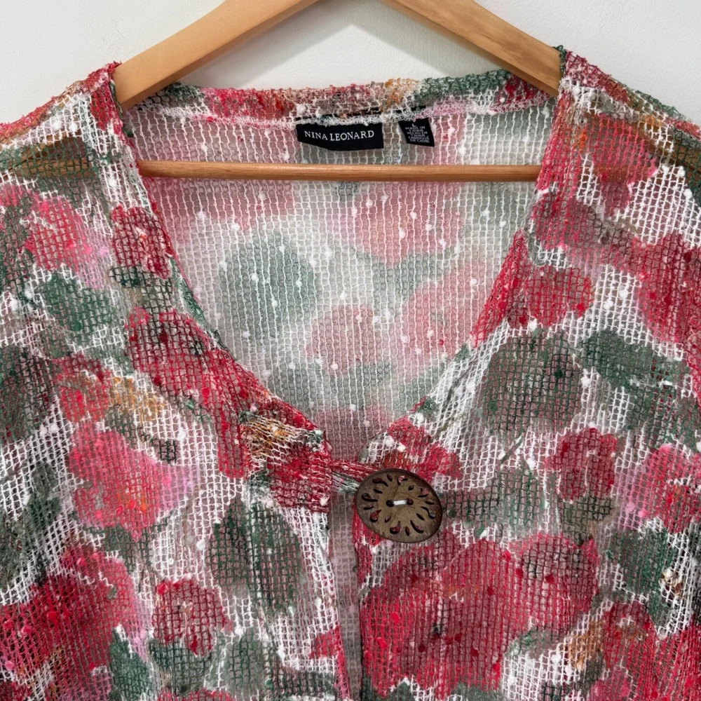 Nina Leonard Floral Mesh Lagenlook Boho Cardigan L Floral Sequin Wood Buttons